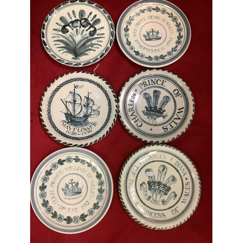 83 - Six Rye Pottery commemorative plates to include Prince William and Charles