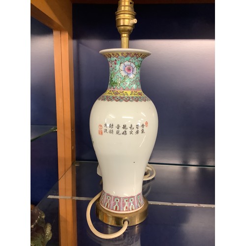 63 - A Chinese famille rose vase having peacock and floral decoration now converted to a table lamp fully... 
