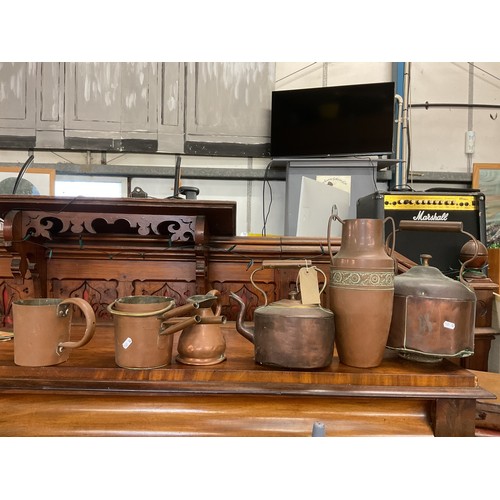 321 - Two vintage copper kettles, jug, vase, three small saucepans and mug