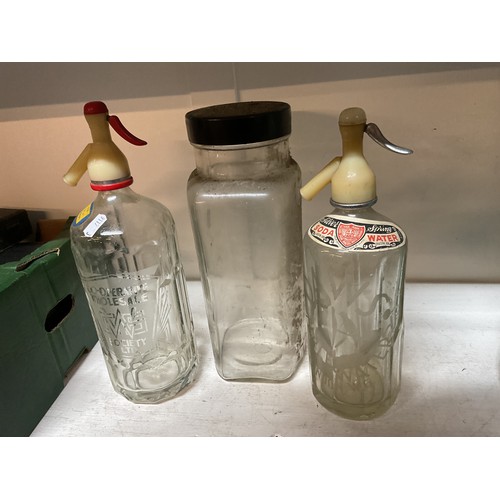 333 - Two vintage soda syphons and a sweet jar