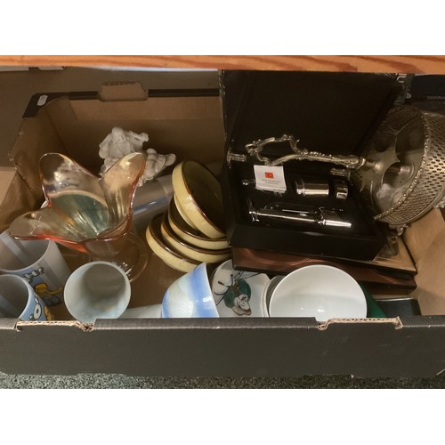 361 - A mixed selection to include wine corkscrew set, china, glass, silver-plated cruet stand etc