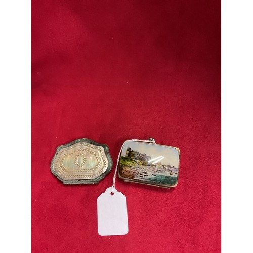 150 - Two vintage Edwardian coin purse's one depicting an aquamarine and beach scene with mother of pearl ... 