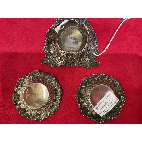 167 - A pair of Sheffield 1895 silver salt dishes with scroll and fluted decoration and a similar London 1... 