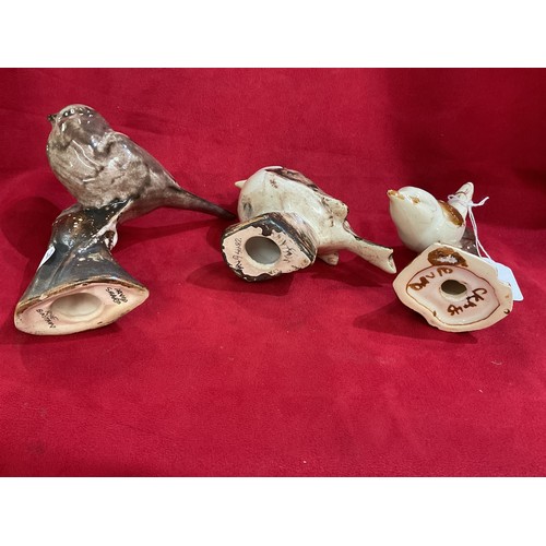 38 - Three David Sharp Rye Pottery brown glazed birds on branch