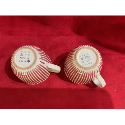 41 - A mid-century Rye Pottery candy stripe tea-set for two in red colourway