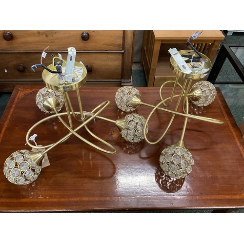 342 - A pair of three branch brass and clear gem ceiling lights