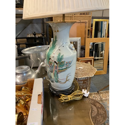 343 - A large Oriental lamp with pictorial panel and quote A/F new silk shade