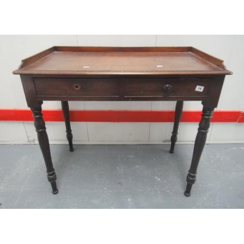 14 - C19th Mahogany Side Table on turned supports with pair small cockbeaded drawers & galleried upstand