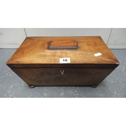 16 - Large Sarcophagus Shaped Regency Mahogany Tea Caddy with triple lidded interior on flatted bun suppo... 