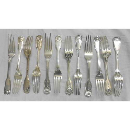 238 - C19th Silver Fiddle Thread & Shell Dessert Forks: 6 x London 1860, 4 x London 1839, maker MC & 2 Lon... 