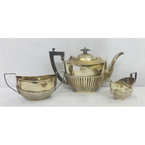 242 - Early C20th Silver Queen Anne Style Tea Set: tea pot, two handled sugar & milk jug with ebonized kno... 