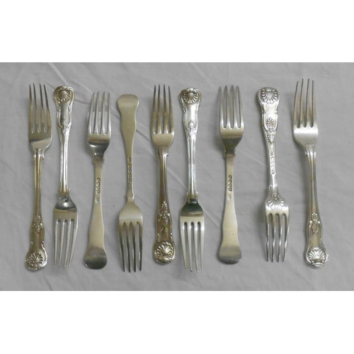 239 - C19th Silver Kings Pattern Dessert Forks, various makers, some Victorian, makers RB & GA (9)