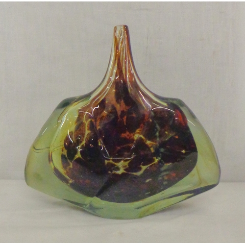 222 - Mdina Michael Harris 1978 Signed Art Glass Specimen Vase, mottled red & blue glass encased green gla... 