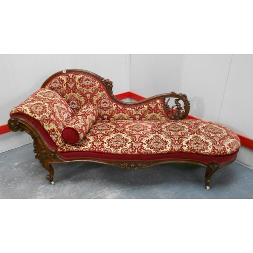 18 - C19th Chaise Longue, left hand scroll with leaf carved show wood frame on cabriole supports, raised ... 