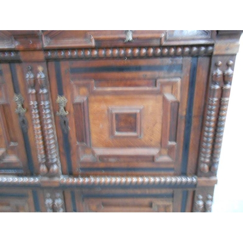 26 - C17th Oak Side Cabinet, 2 pairs panelled doors with ebony inlay, long top drawer with geometric moul... 