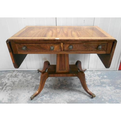 32 - Late C18th/early C19th Rosewood Twin Flap Sofa Table, 2 frieze drawers, cross banded with boxwood & ... 