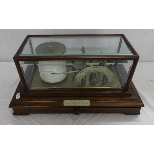 252 - Regent Oak Cased Barograph in bevelled glass case with presentation plaque dated 1956