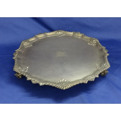 262 - Georgian Style Silver Salver with shell & gadroon borders on c-scroll & leaf supports, makers mark H... 