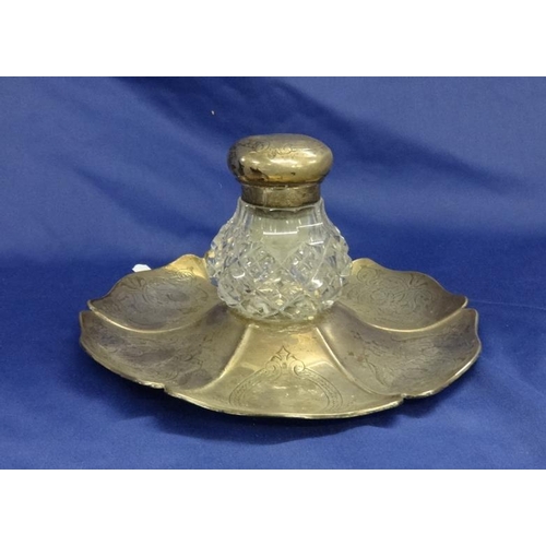 263 - C19th Silver & Glass Desk Inkwell Base marked EKR 1859, circular scalloped concave base divided into... 