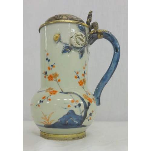 267 - C18th Chinese Baluster Shaped Tankard with Imari style decoration mounted with German? white metal c... 