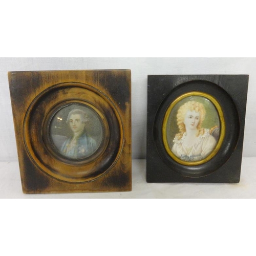 268 - C19th Oval Miniature Young Lady with blonde hair wearing white blouse with blue ribbon, in ebonised ... 