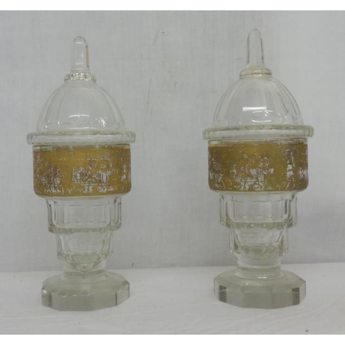 269 - Pair C19th Cut Glass Vases & Covers with faceted bases, knops & covers, staged rims encrusted with g... 