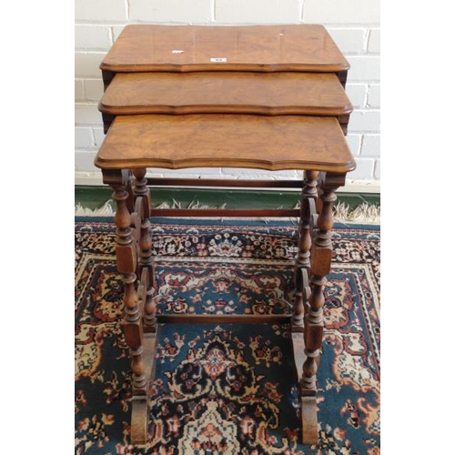 42 - Early C20th Nest of 3 Interlocking Burr & Figured Walnut Occasional Tables with frilled tops, multi ... 