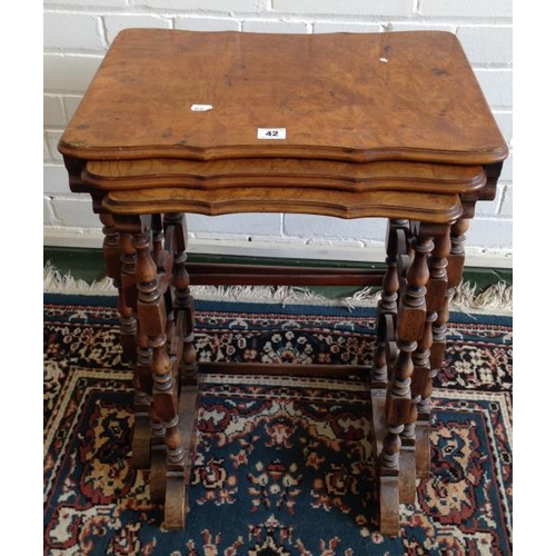 42 - Early C20th Nest of 3 Interlocking Burr & Figured Walnut Occasional Tables with frilled tops, multi ... 