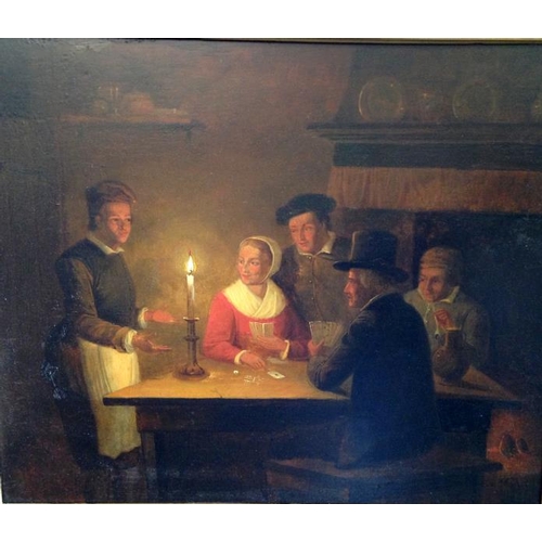 197 - C19th Dutch Oil on Board Interior Scene with lady & gentleman playing cards & attendant standing by ... 