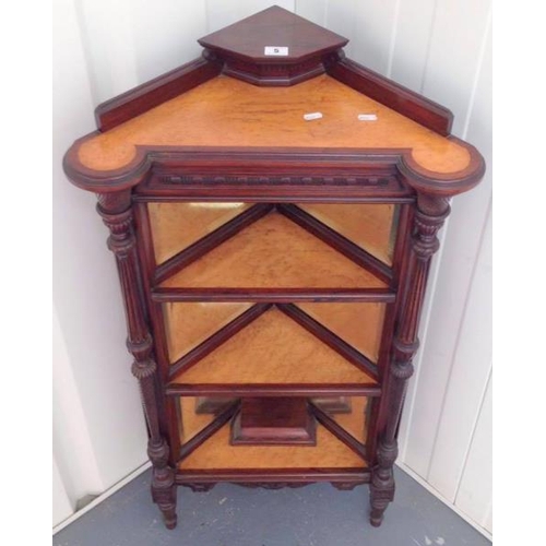 5 - C19th Rosewood & Birdseye Maple Corner What-not on turned carved fluted front supports, 3 shelves wi... 