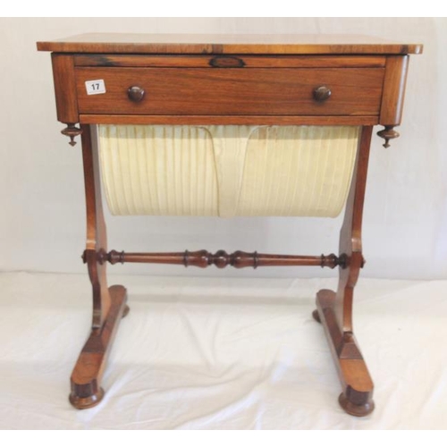 17 - Early Victorian Rosewood Sewing Table with lyre shaped supports, turned stretcher, shaped feet with ... 