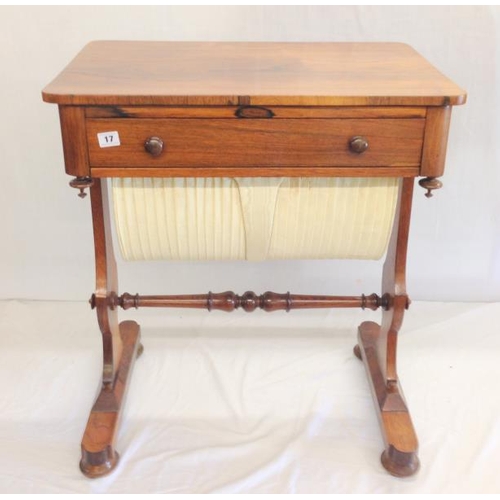 17 - Early Victorian Rosewood Sewing Table with lyre shaped supports, turned stretcher, shaped feet with ... 