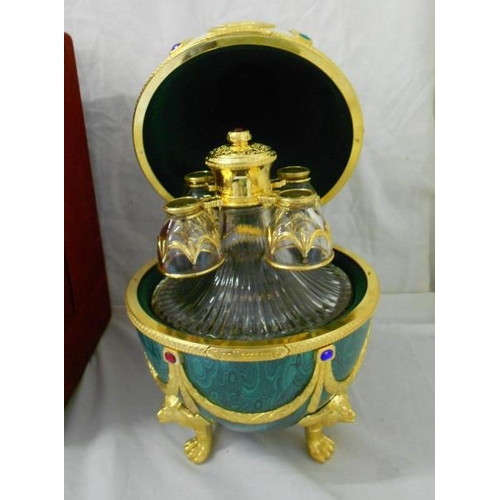 278 - Faberge Art's Applied Craft Ltd. Imperial Collection Vodka Decanter & Shot Glasses in malachite & ma... 