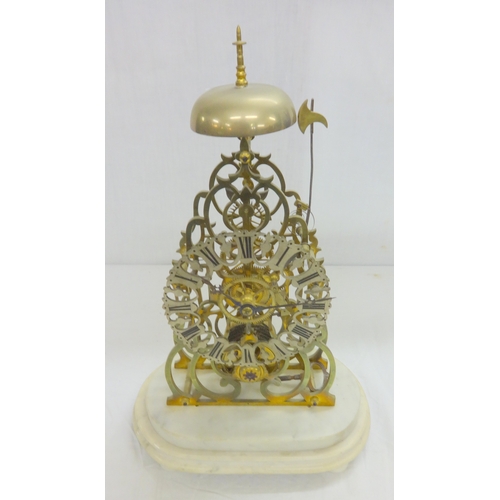 154 - C19th Single Fusee Passing Hour Strike Skeleton Clock on oval 2 staged marble base with flattened bu... 