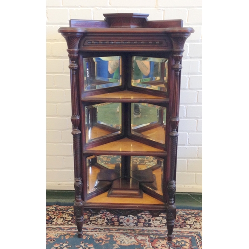 5 - C19th Rosewood & Birdseye Maple Corner What-not on turned carved fluted front supports, 3 shelves wi... 