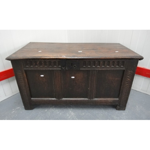 22 - C18th Oak Twin Panel Fronted Coffer with carved stiles, scoop carved frieze, approx. 3ft 6 inches W ... 