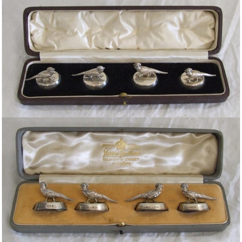 233 - 2 Sets of 4 Silver Game Bird Menu Holders, maker Samson Morden, 4 x Chester & 4 x London, in Mappin ... 