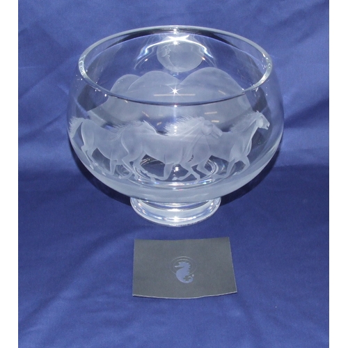 212 - Large Waterford Crystal Circular Footed Bowl engraved with horse racing across terrain, reverse with... 