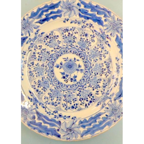 264 - Pair C18th? Chinese Blue & White Chargers, central flower surrounded by 12 segments of flowers & lea... 