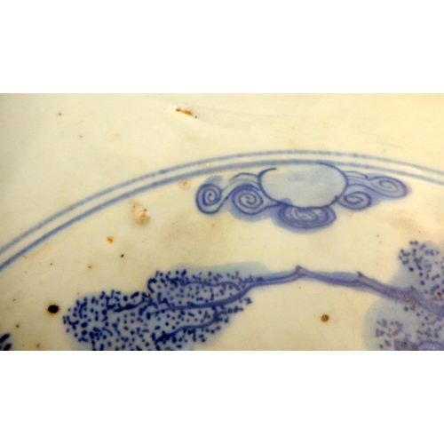 272 - Large Late C18th/Early C19th Chinese Blue & White Dished Bowl decorated with deer grazing in parklan... 