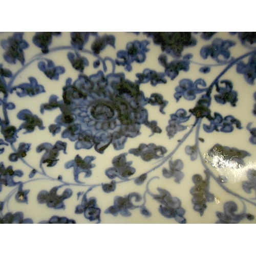 273 - Chinese Blue & White Dished Bowl, centre decorated with bird among fruit on branch, border surround ... 