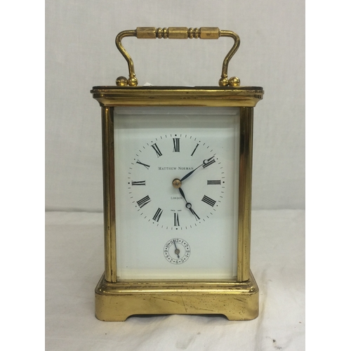 266 - Matthew Norman London Swiss Made 8 Day Carriage Clock, numbered 1755 with alarm mechanism, striking ... 