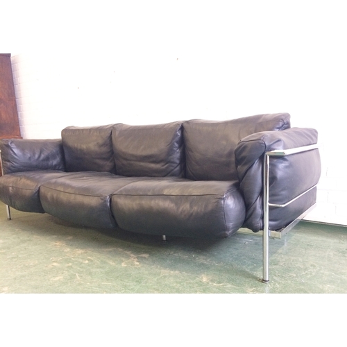 1 - Le Corbusier Style Chrome & Black Leather Large 4 seater settee/sofa with spun base