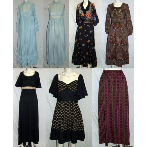 513 - Ladies Vintage 70s Dresses incl. black evening dress with gold trim & belt, long black floral print ... 