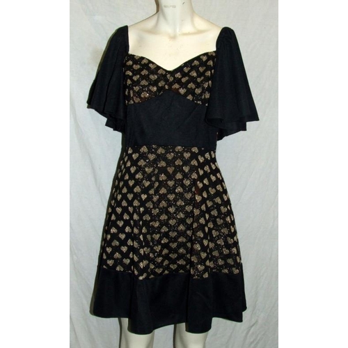 513 - Ladies Vintage 70s Dresses incl. black evening dress with gold trim & belt, long black floral print ... 