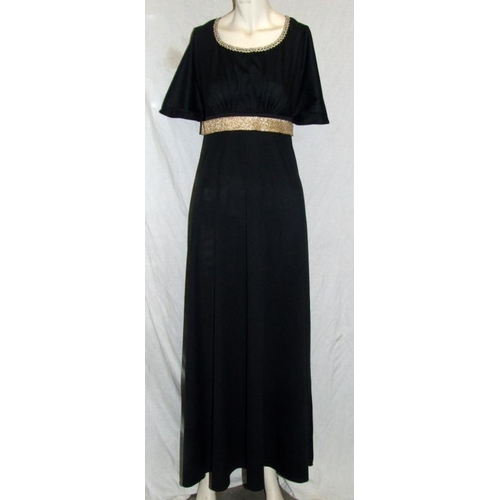 513 - Ladies Vintage 70s Dresses incl. black evening dress with gold trim & belt, long black floral print ... 