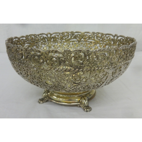 238 - Silver cast fretted & pierced fruit bowl by Barker Ellis, circular foot with animal paw supports, pi... 