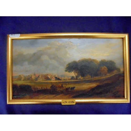 193 - Oil on Canvas by JW Allen, American Haywagon with 2 horses being drawn along path, red roofed house,... 