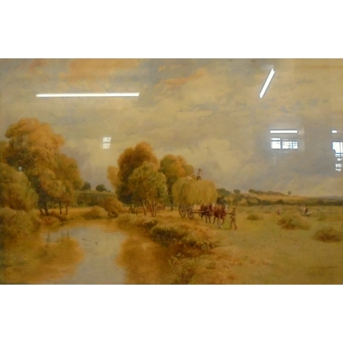 194 - Early C20th F/g Watercolour by Thomas Pyne, Hay Cart collecting field workers by a stream, signed Th... 