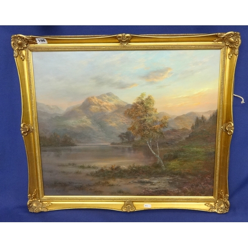 196 - Modern British Oil by Prudence Turner, Scottish Lake Scene with tree lined banks, mountains to dista... 